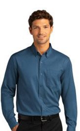 A crisp blue button-down shirt showcasing the pinnacle of professional branding with custom embroidery in Normal.